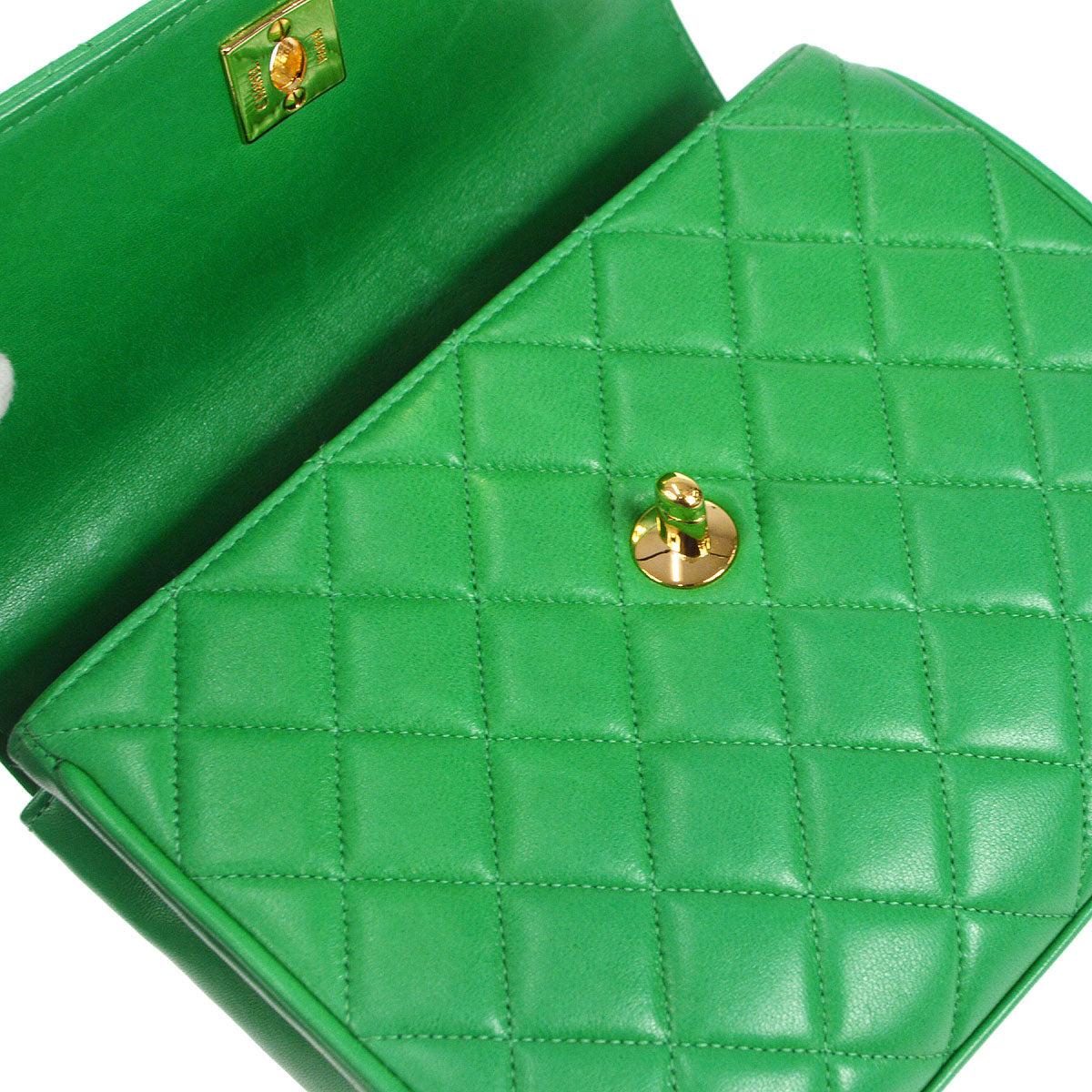 CHANEL Emerald Green Lambskin Leather Gold Small Top Handle Evening Flap Bag 1