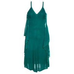 Chanel Emerald Green Perforated Mesh Knit Back Tie Detail Draped Dress S