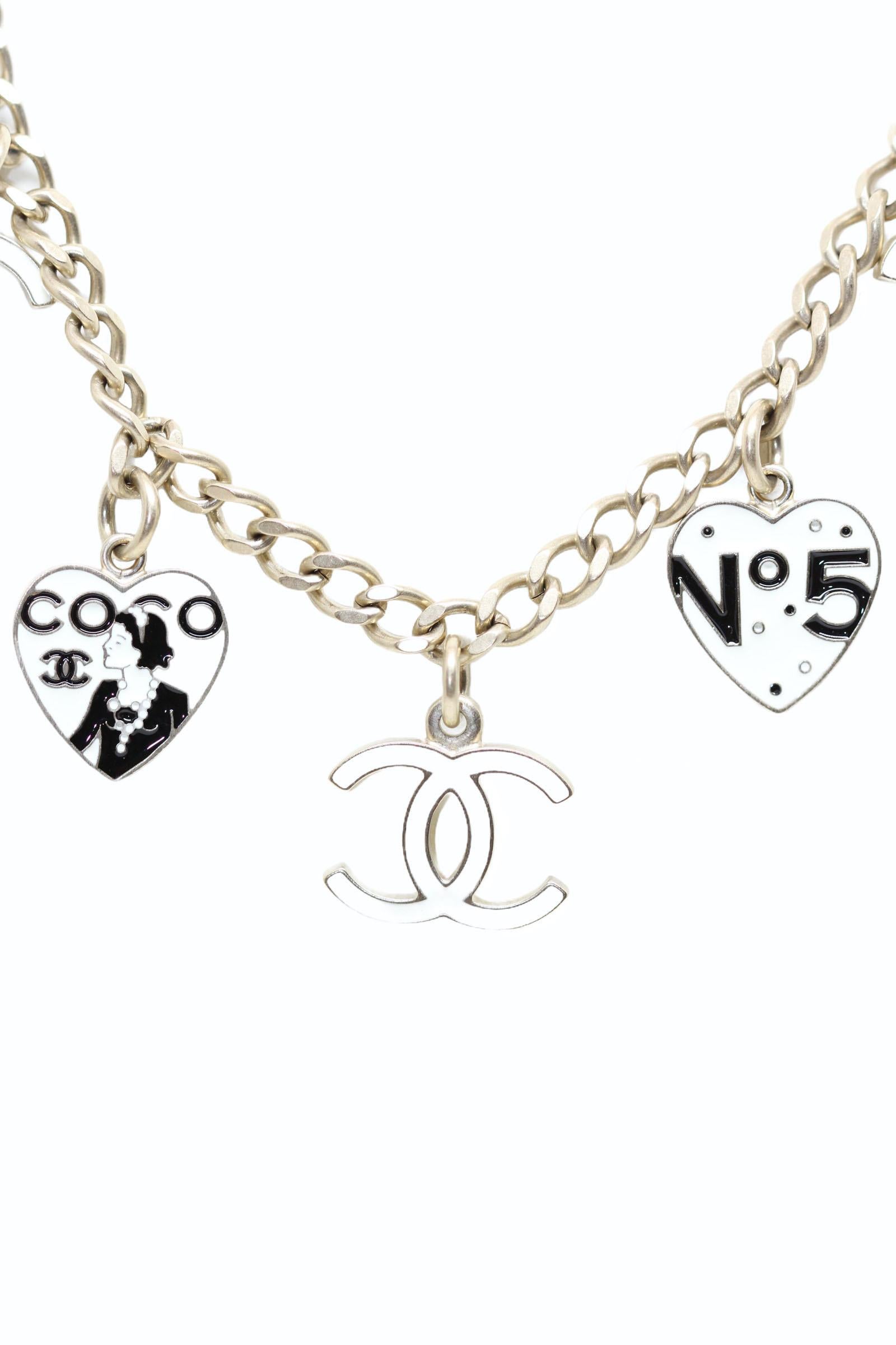 Women's or Men's Chanel Enamel Heart and CC Charms Dangle Necklace