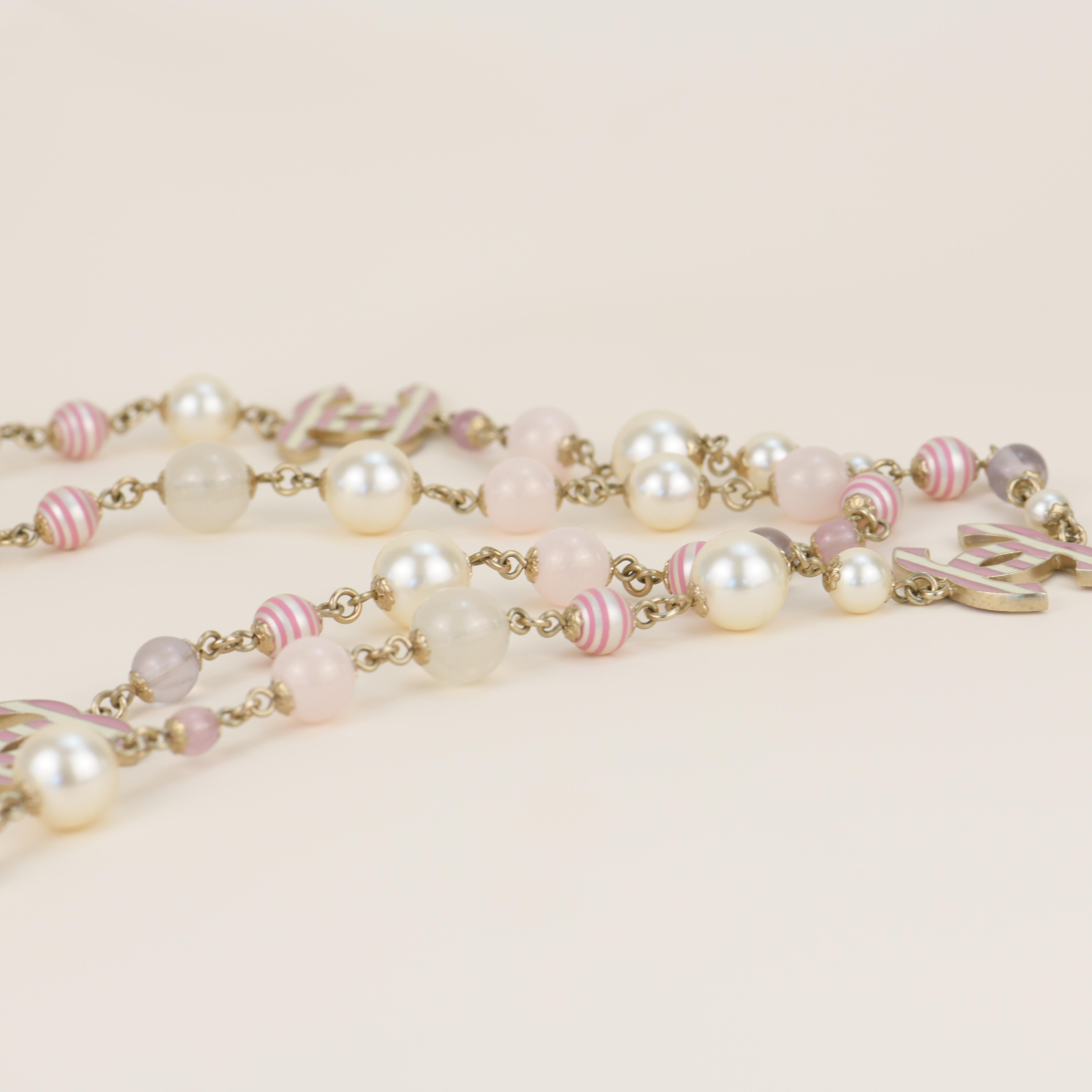 CHANEL Enamel Striped Pearl CC Pink Long Necklace  5