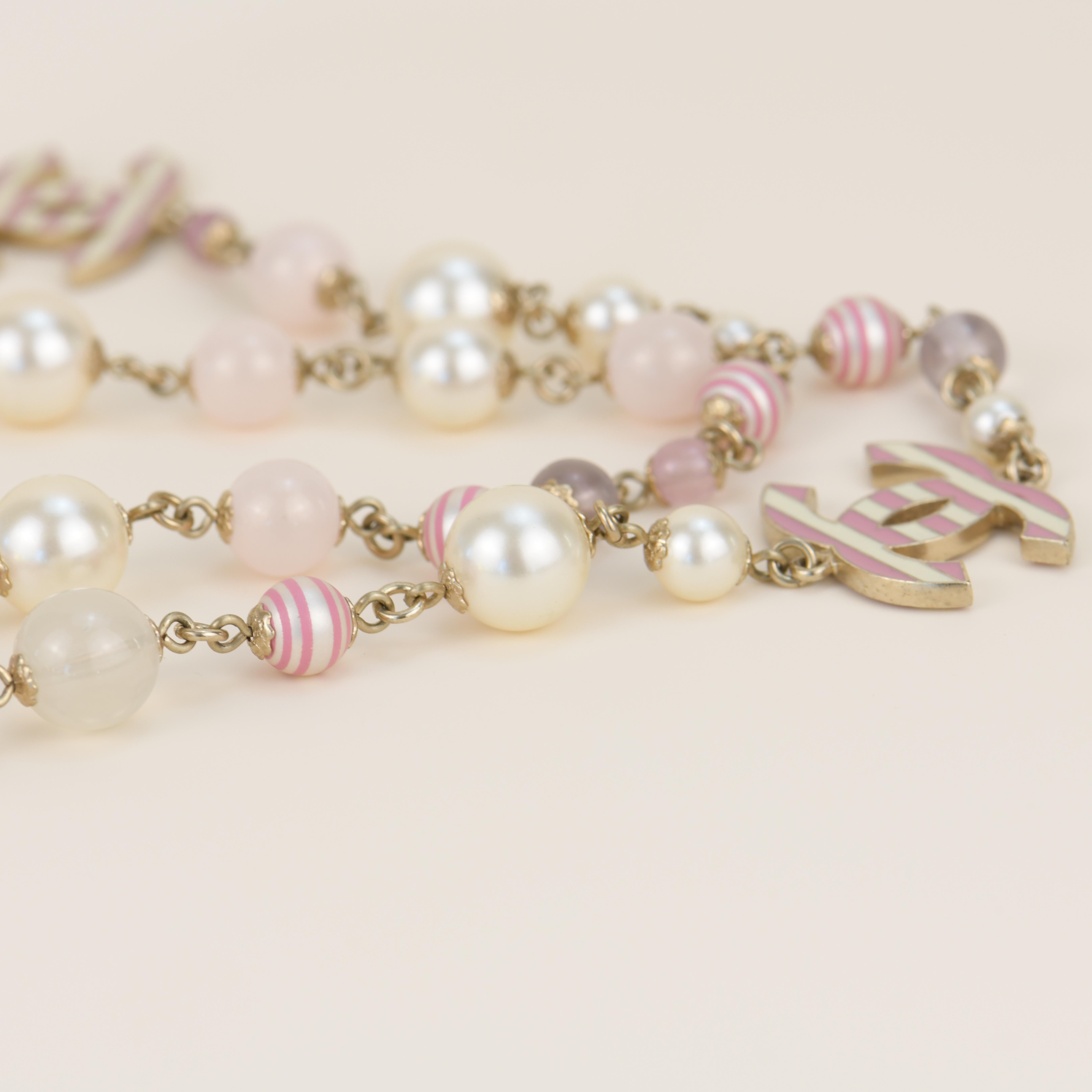 CHANEL Enamel Striped Pearl CC Pink Long Necklace  6