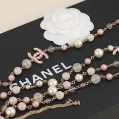 CHANEL Enamel Striped Pearl CC Pink Long Necklace
