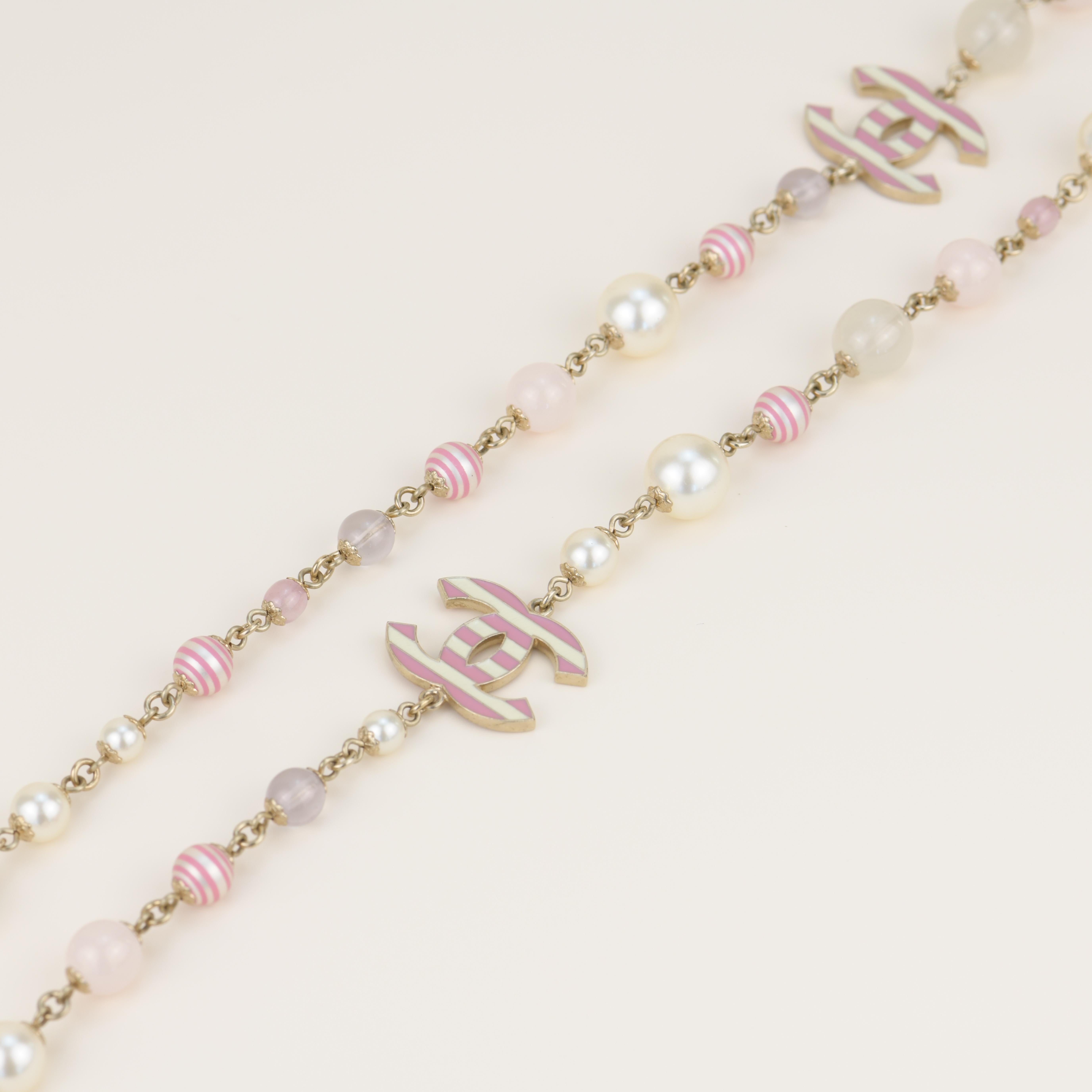 Bead CHANEL Enamel Striped Pearl CC Pink Long Necklace 