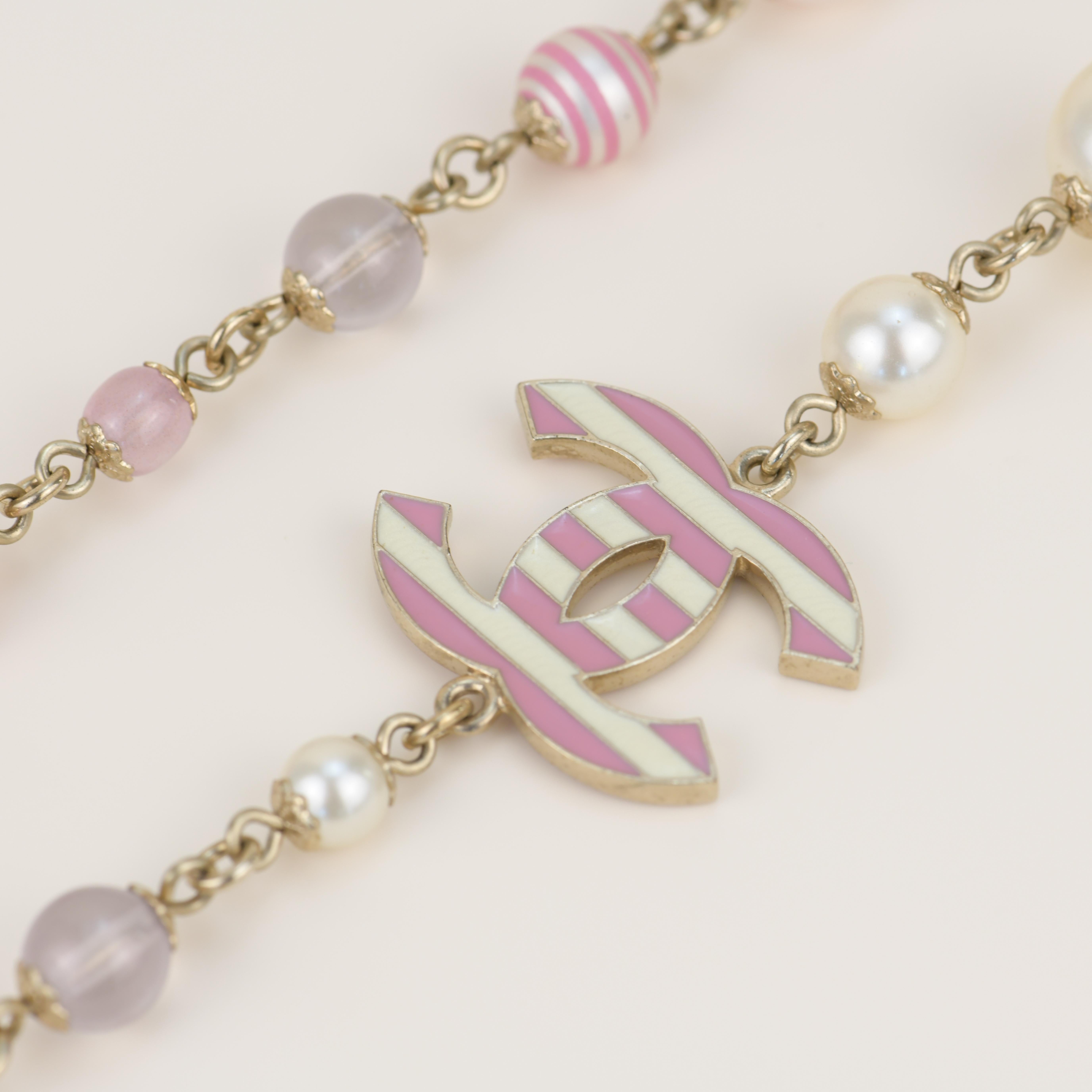 CHANEL Enamel Striped Pearl CC Pink Long Necklace  In Excellent Condition In Banbury, GB
