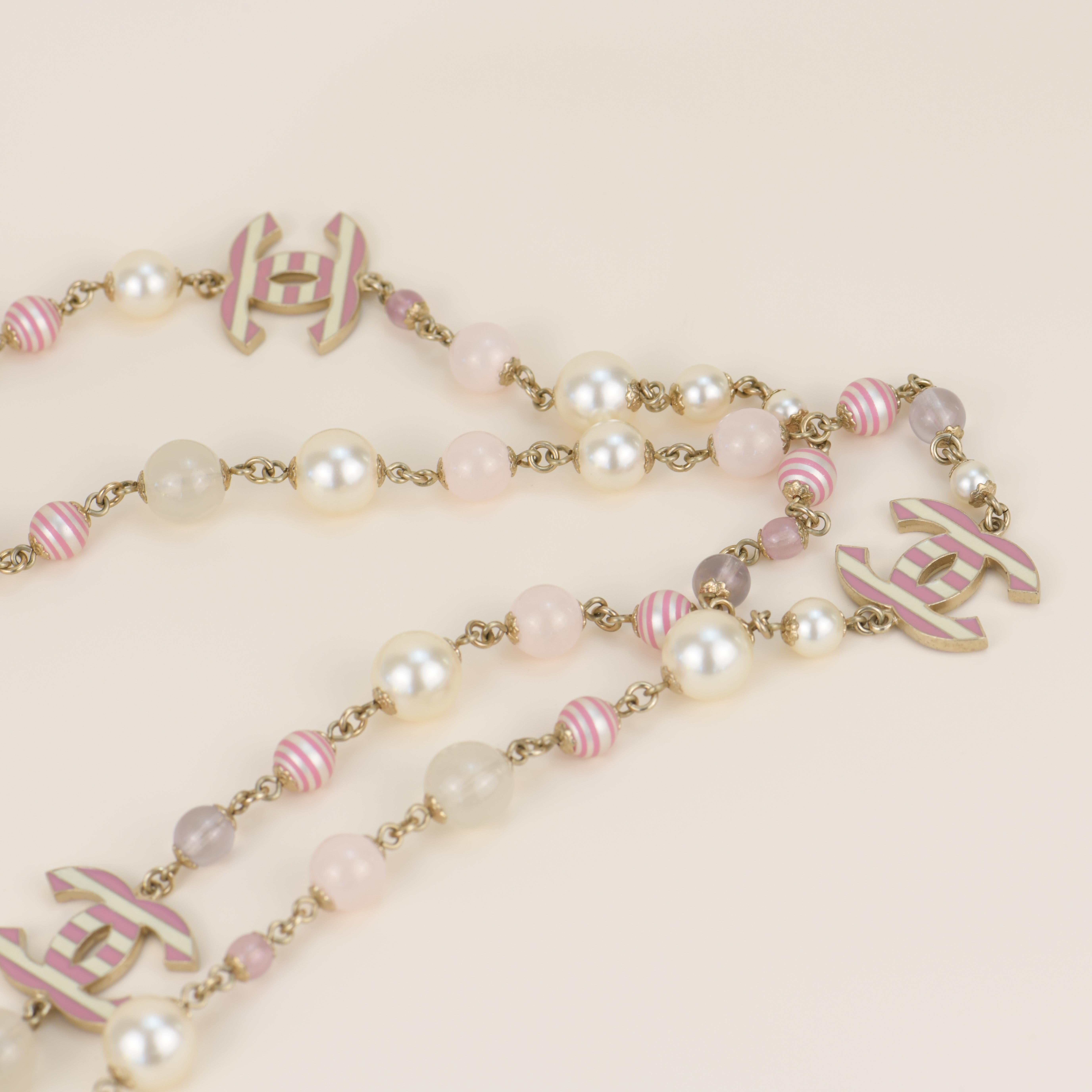 CHANEL Enamel Striped Pearl CC Pink Long Necklace  3