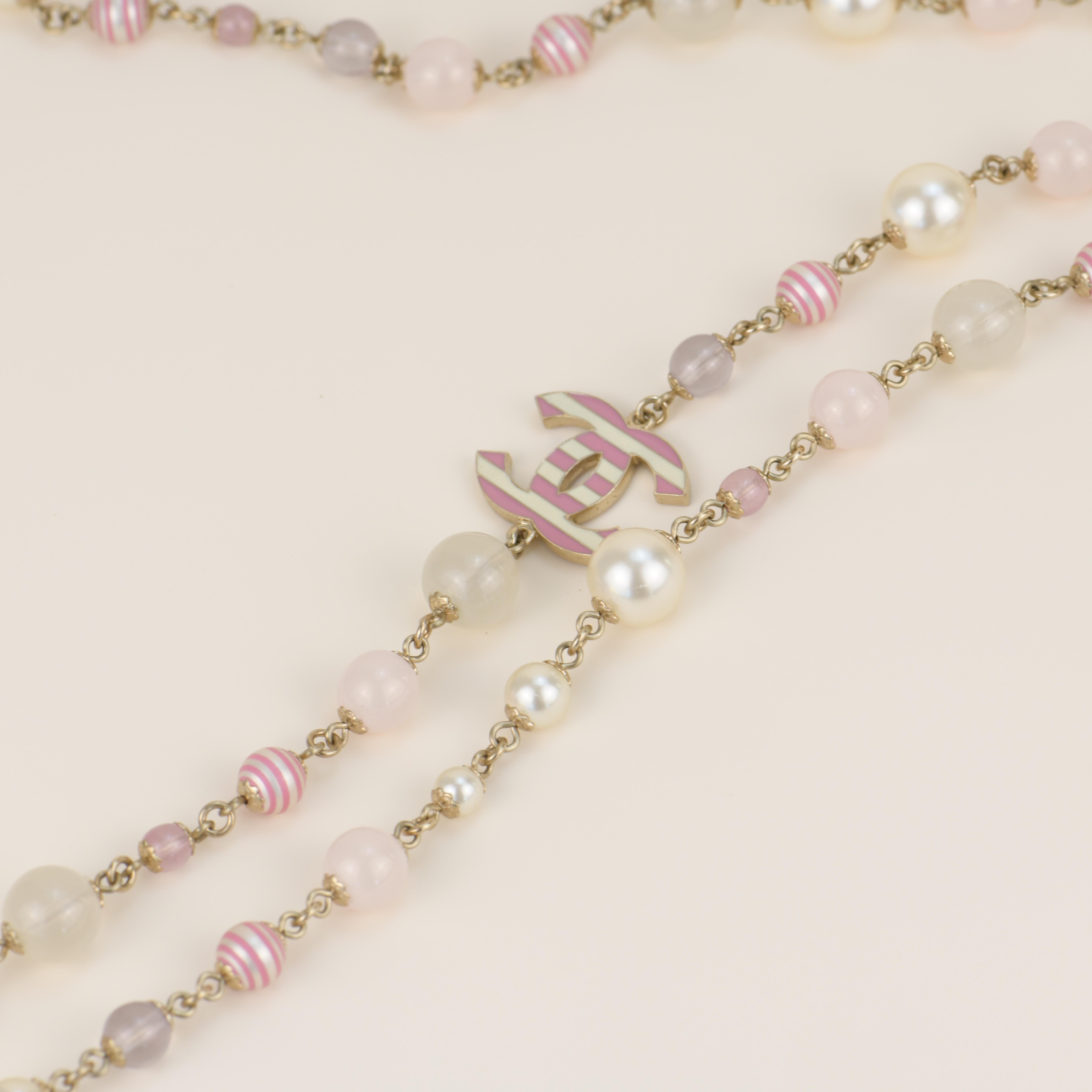CHANEL Enamel Striped Pearl CC Pink Long Necklace  4