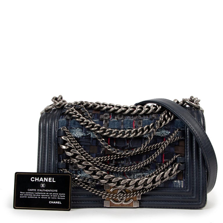 Chanel Enchained Blue Tweed Medium Boy Bag For Sale at 1stDibs | chanel boy  tweed, i was made by the designer i ain't talking about chanel skema boy
