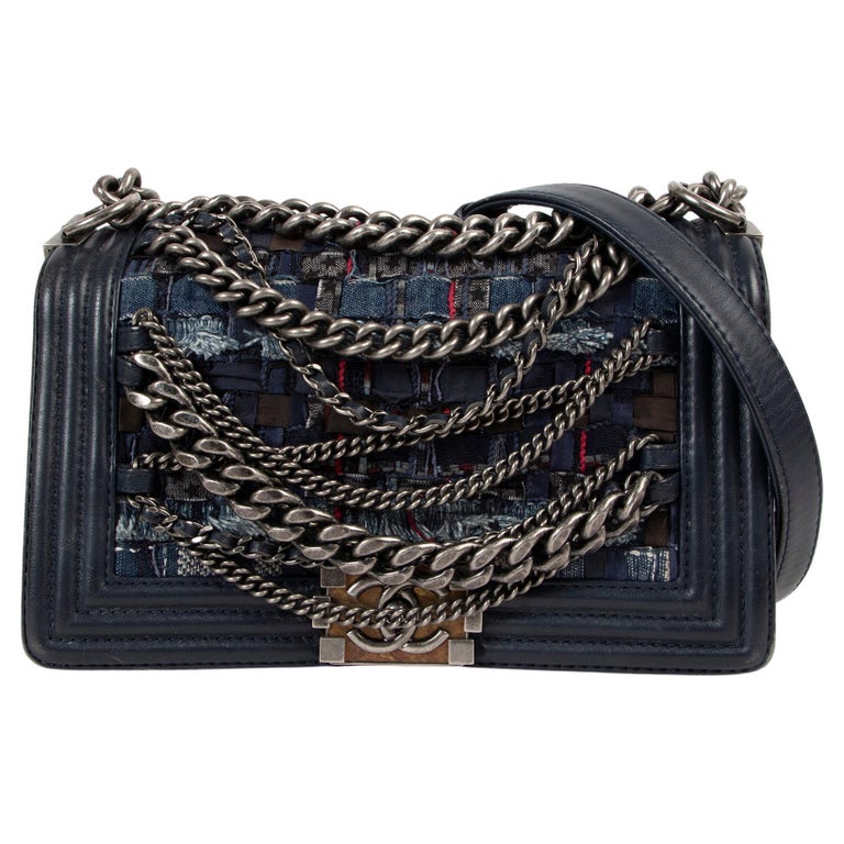 Chanel Enchained Blue Tweed Medium Boy Bag For Sale at 1stDibs