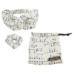 Chanel Ensemble Chouchou Bandeau White Black Tweed CC Hair Band Scrunchie Set