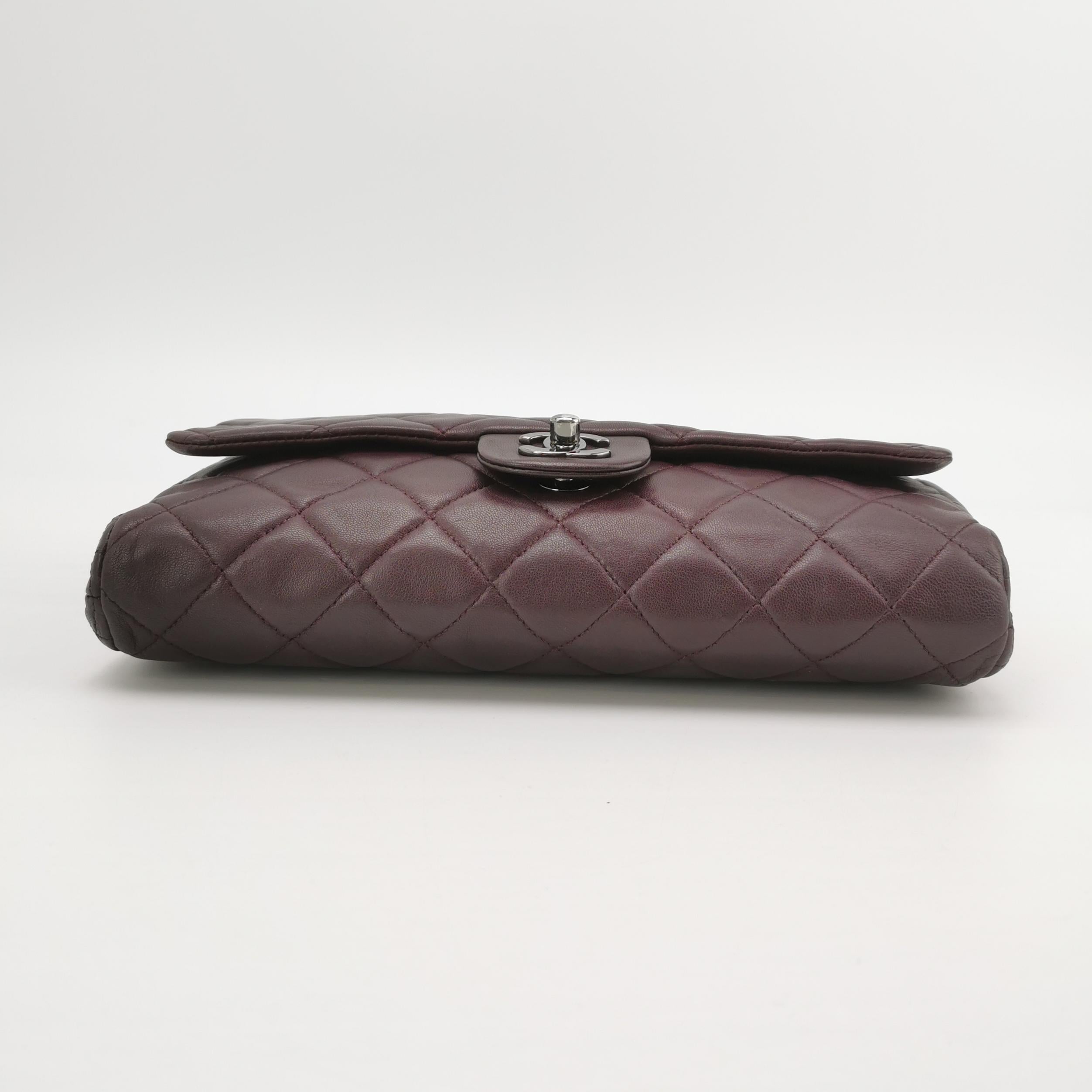 Women's Chanel Envelope Clutch Shoulder Bag Burgundy Wine Lambskin Leather Silver Hardwa For Sale