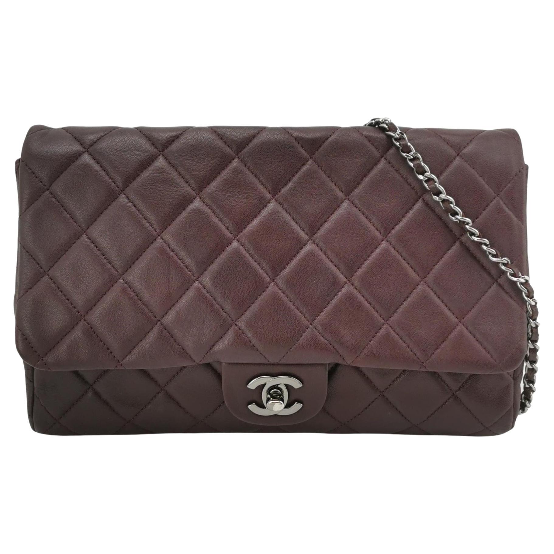 Chanel Envelope Clutch Shoulder Bag Burgundy Wine Lambskin Leather Silver Hardwa For Sale