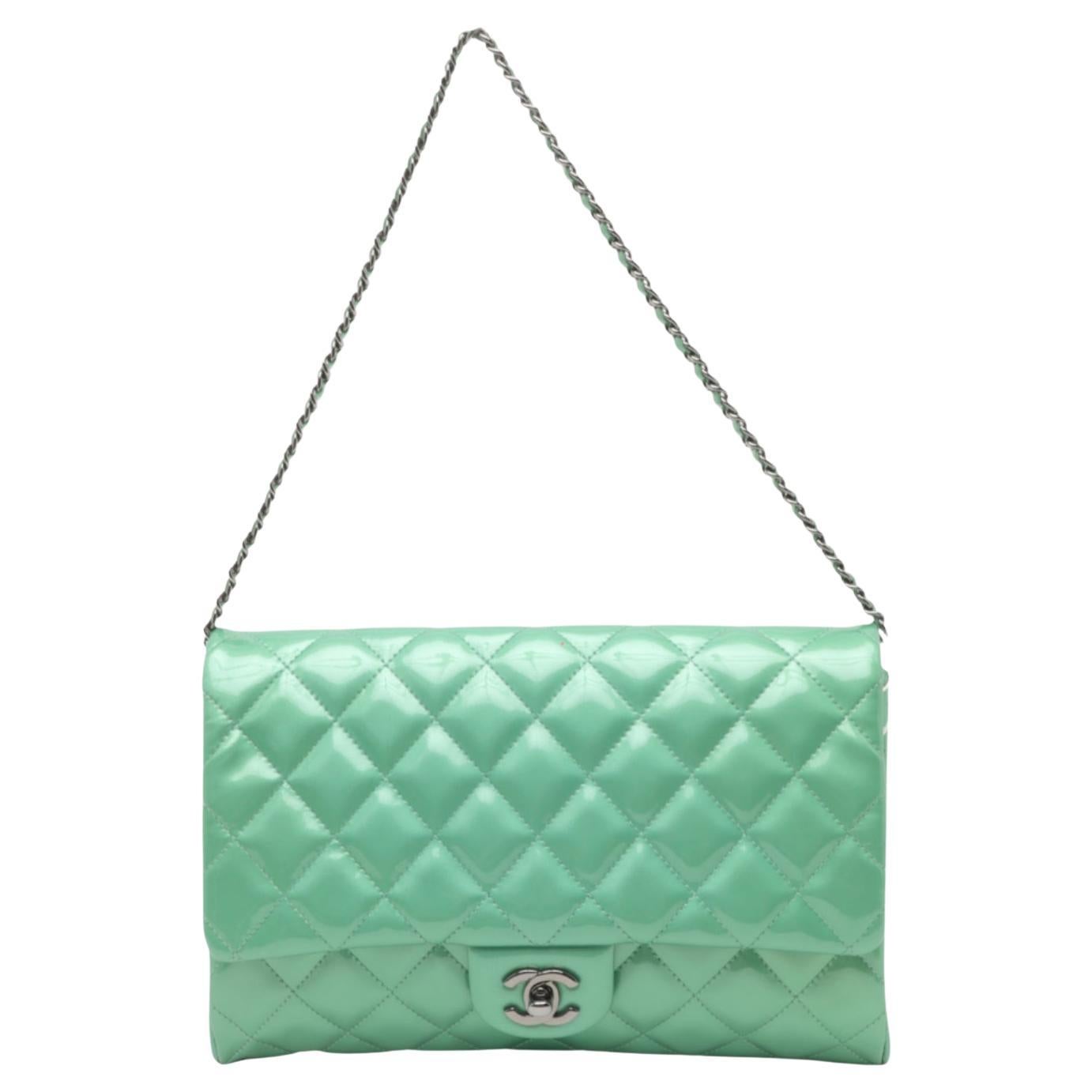 Chanel Envelope Clutch with Chains 2013 Shoulder Bag Apple Green Patent Leather For Sale