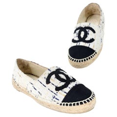 USED Chanel Beige/Black Canvas Stitched Espadrilles Shoes Size 35 AUTHENTIC