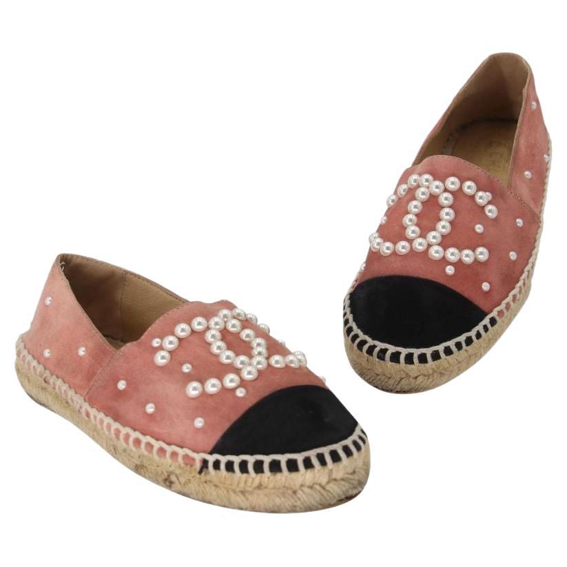 Chanel Espadrille 36 Suede And Faux Leather Pearl CC Flats CC-0523N-0195 For Sale