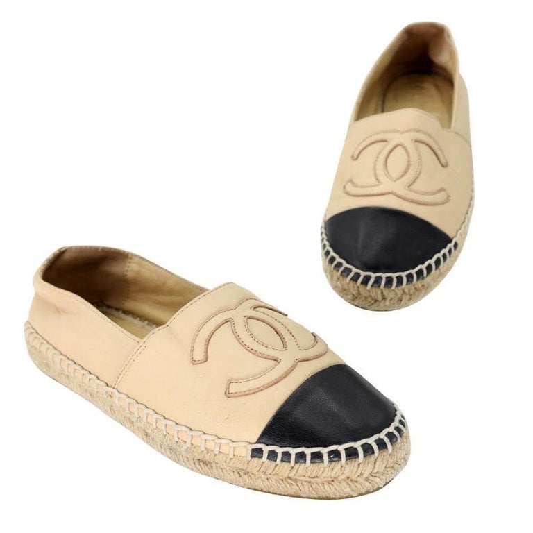 Chanel Espadrilles Wedges Size 37, Lambskin Grosgrain CC Beige And Black,  New In Box WA001