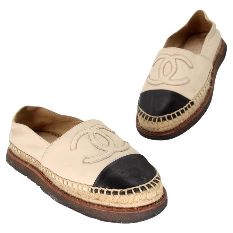 Chanel Espadrille 37 Lambskin Leather Rubber Platform CC Flats CC-0707N-0016  For Sale at 1stDibs