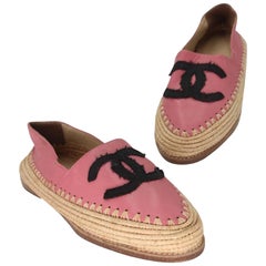 Chanel Espadrille 37 Lambskin Leather Woven Raffia Flats CC-0322N-0080