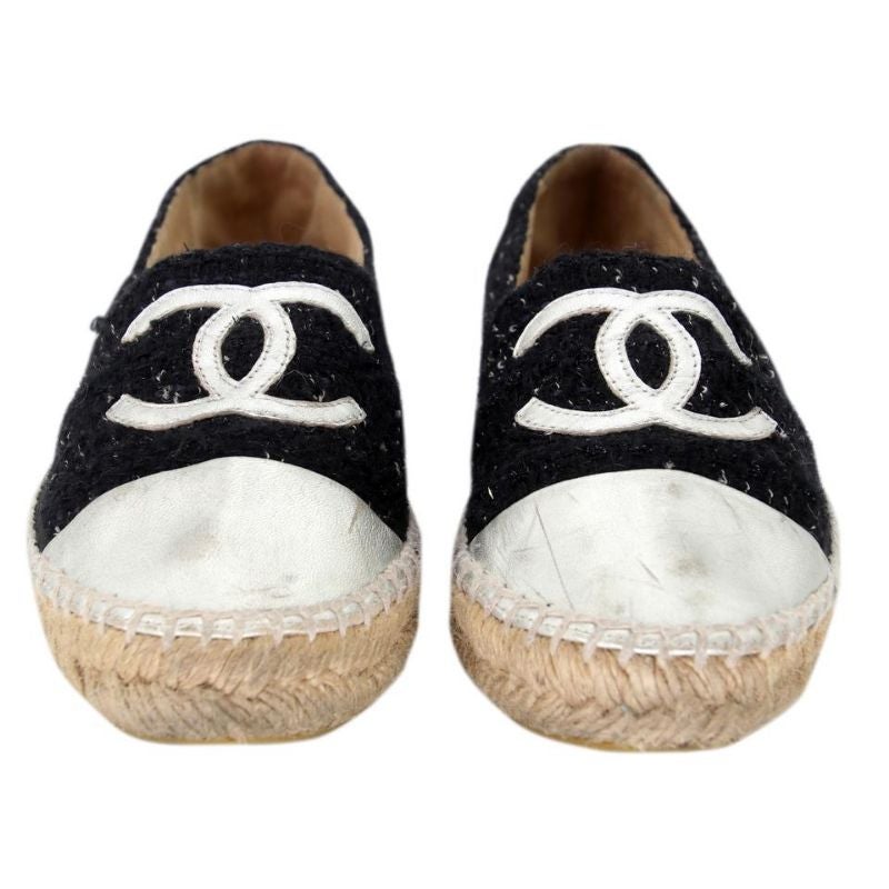 Chanel Espadrille 37 Tweed Canvas Cap-Toe CC Flats CC-0426N-0119 For Sale