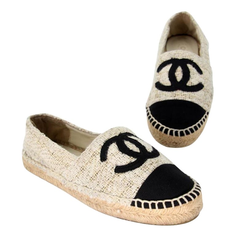 Chanel Espadrille 37 Tweed Canvas Leather CC Cap-Toe Flats CC-0707N-0007