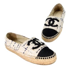 Chanel Espadrille 37 Tweed Leather Cap Toe CC Flats CC-0712N-0010
