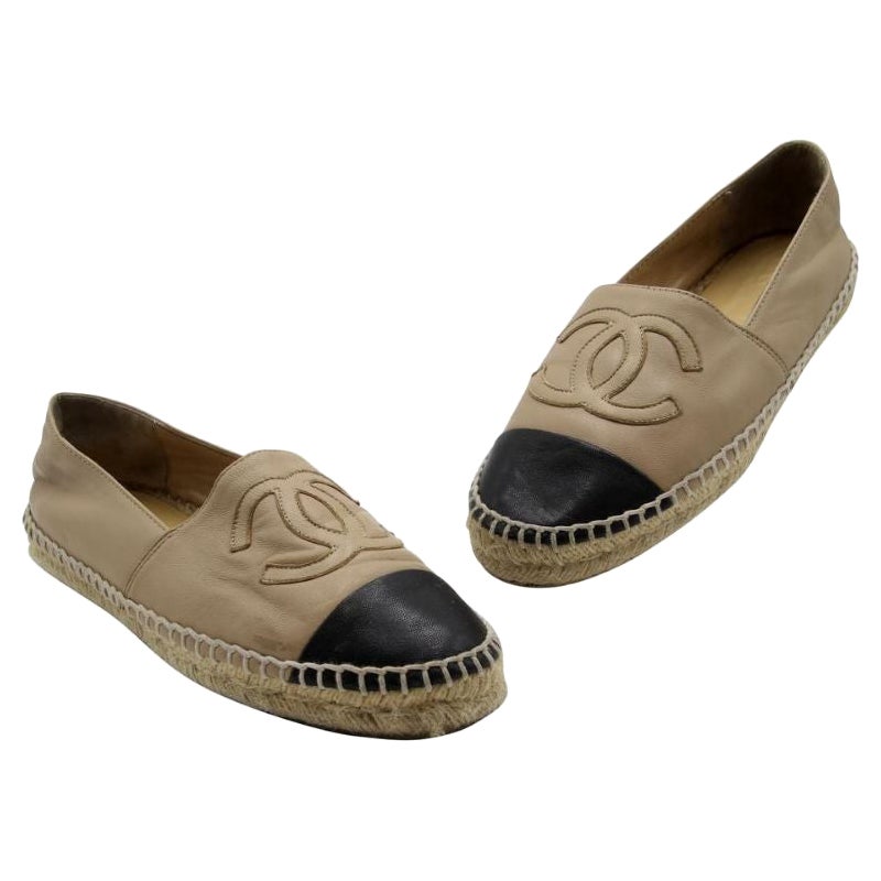 Chanel Espadrille 38 Lambskin CC Monogram Beige Flats CC-0928P-0006 For Sale