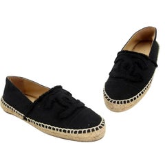 Chanel Espadrille 38 Noir Canvas Linen CC Flats CC-0225N-0045