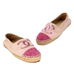 Chanel Espadrille Glitter Fabric Leather CC Cap Toe Flats CC-0712N-0003