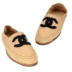 Chanel Espadrille Lambskin Leather CC Woven Raffia Flats CC-0402N-0097
