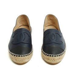 Chanel Espadrilles Cuir 2 tons EU37 CC Navy Blue Leather Flat Shoes UK4 US6.5