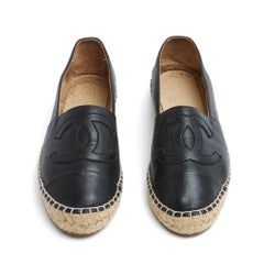 Chanel Espadrilles Cuir 2 tons EU37 CC Navy Blue Leather Flat Shoes UK4 US6.5
