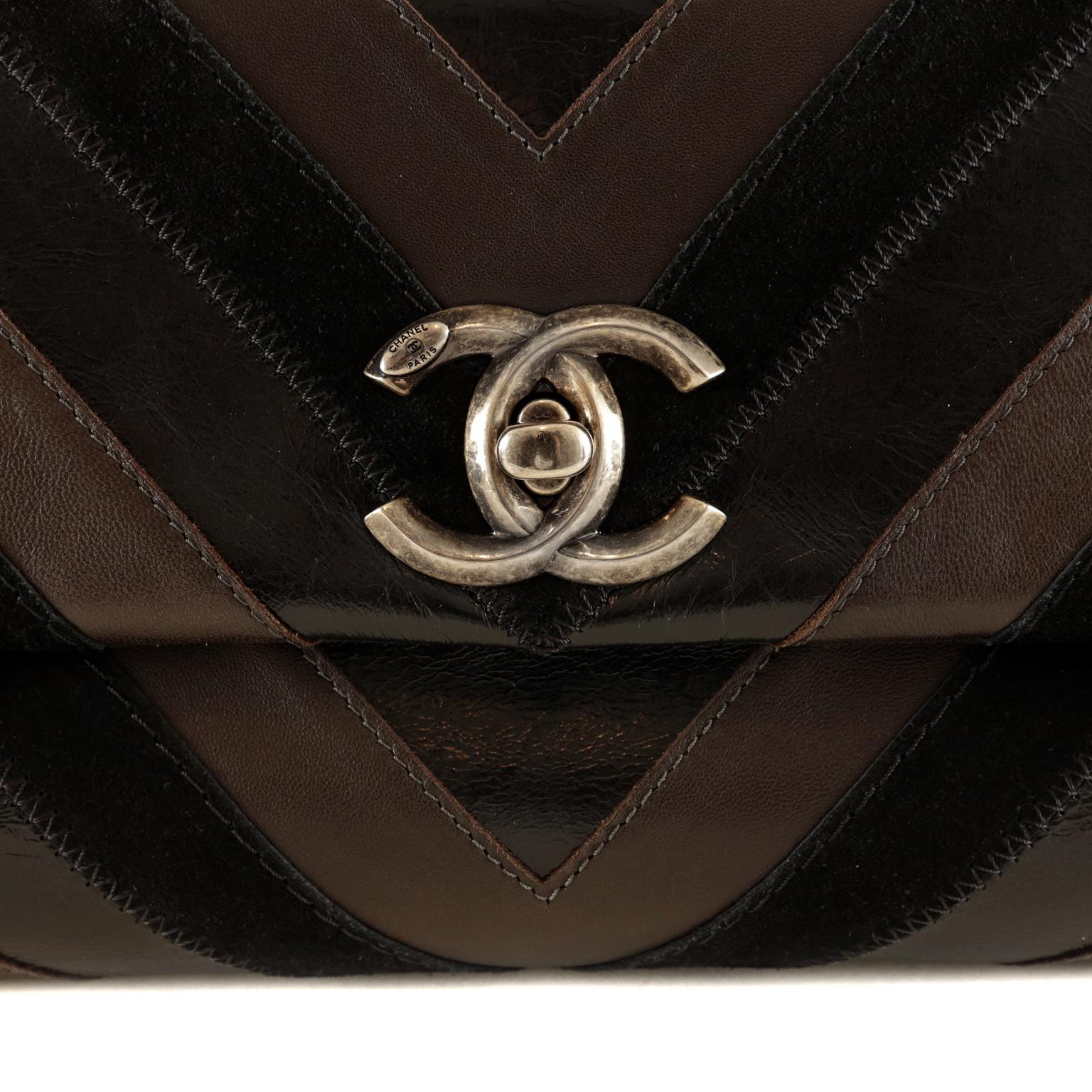 Black Chanel Espresso Lambskin Suede Glazed Calfskin Chevron Flap Bag