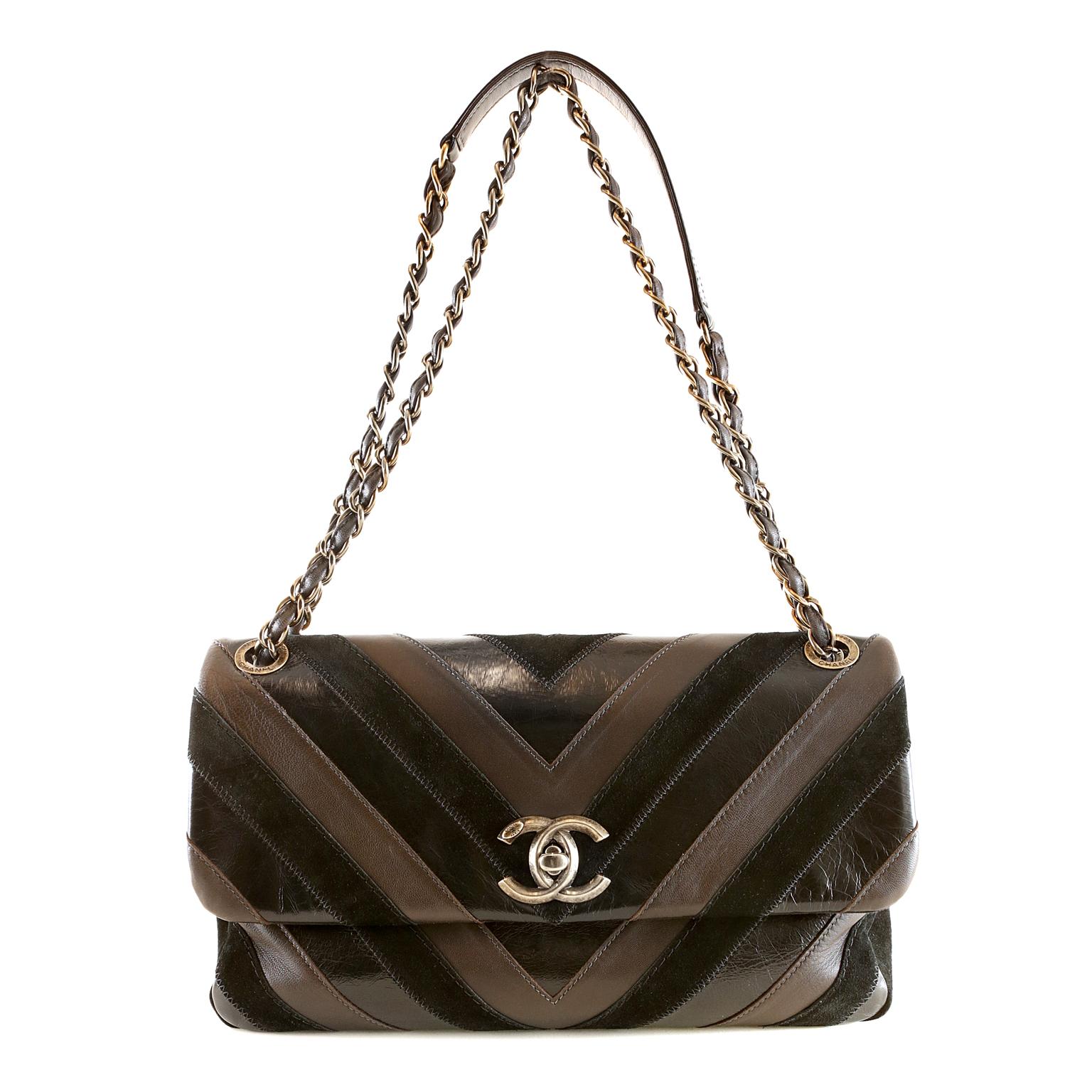 Women's Chanel Espresso Lambskin Suede Glazed Calfskin Chevron Flap Bag