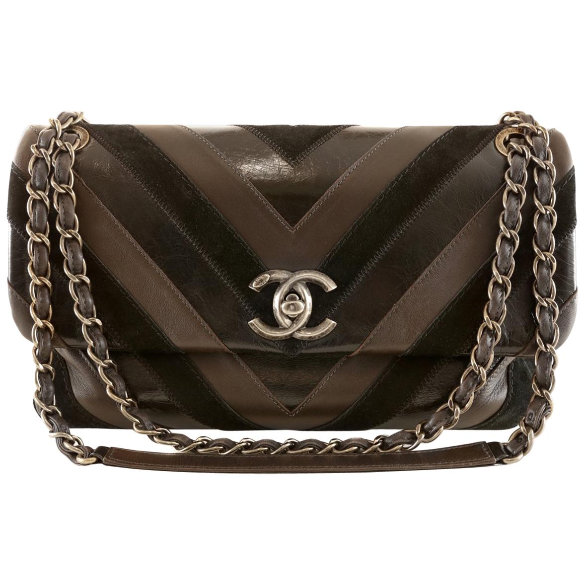 Chanel Espresso Lambskin Suede Glazed Calfskin Chevron Flap Bag