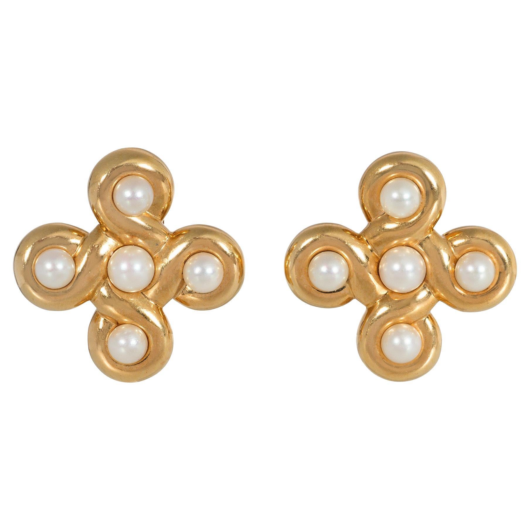 Chanel Estate Gold and Pearl Quatrefoil Clip Earrings