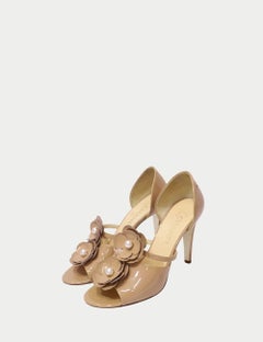 Chanel Nude Patent Leather Camellia Pearl Heels - EU 38