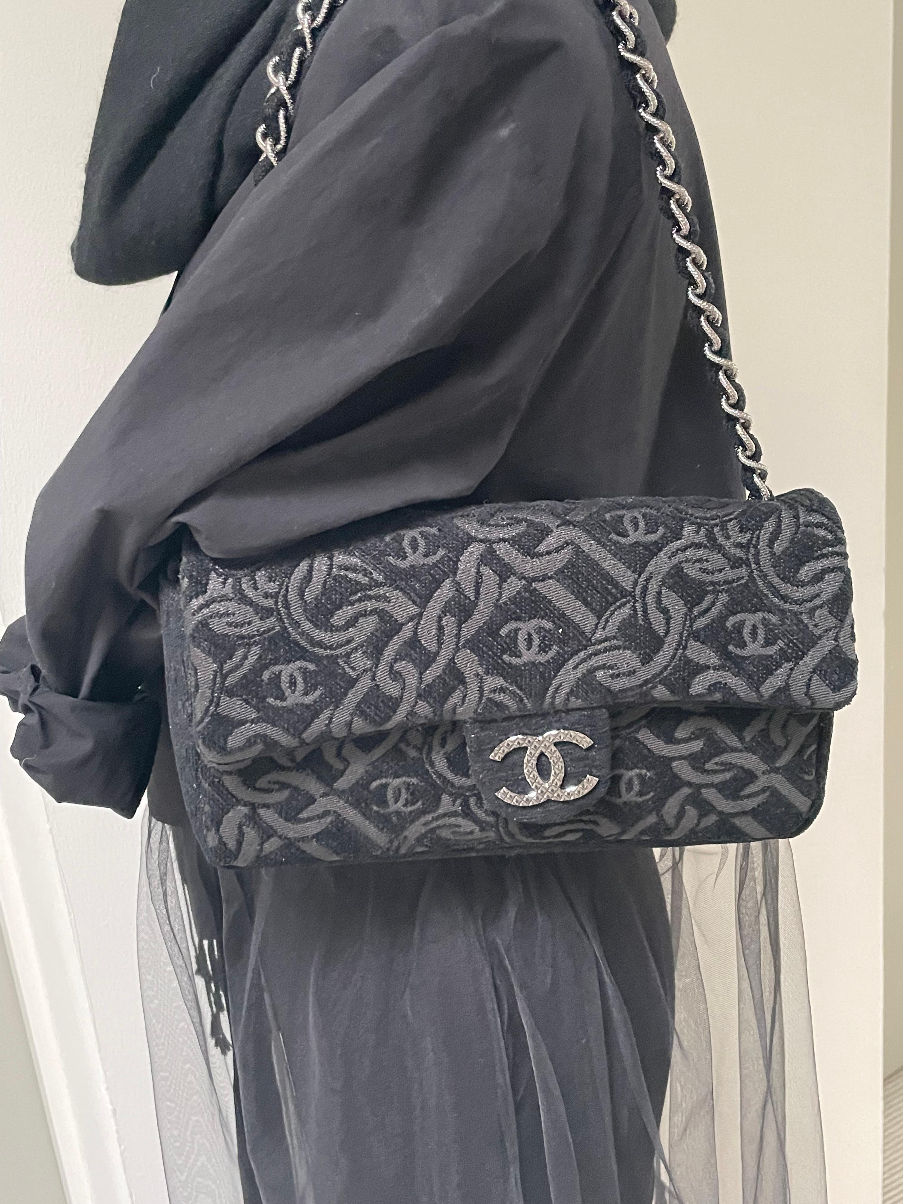 Chanel evening bag made of black jacquard fabric, woven Chanel chain and logo! For Sale 3