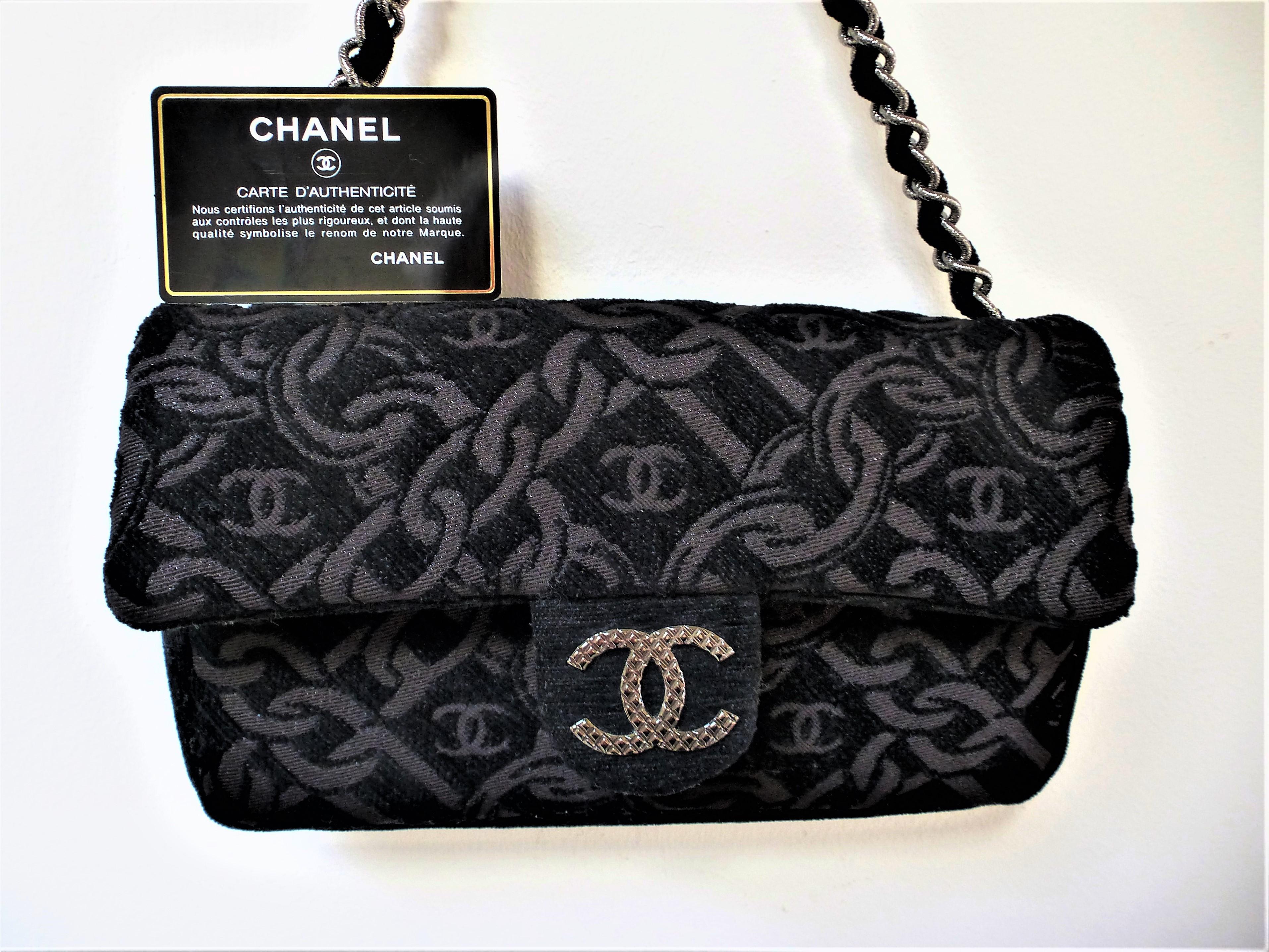 Women's Chanel evening bag made of black jacquard fabric, woven Chanel chain and logo! For Sale