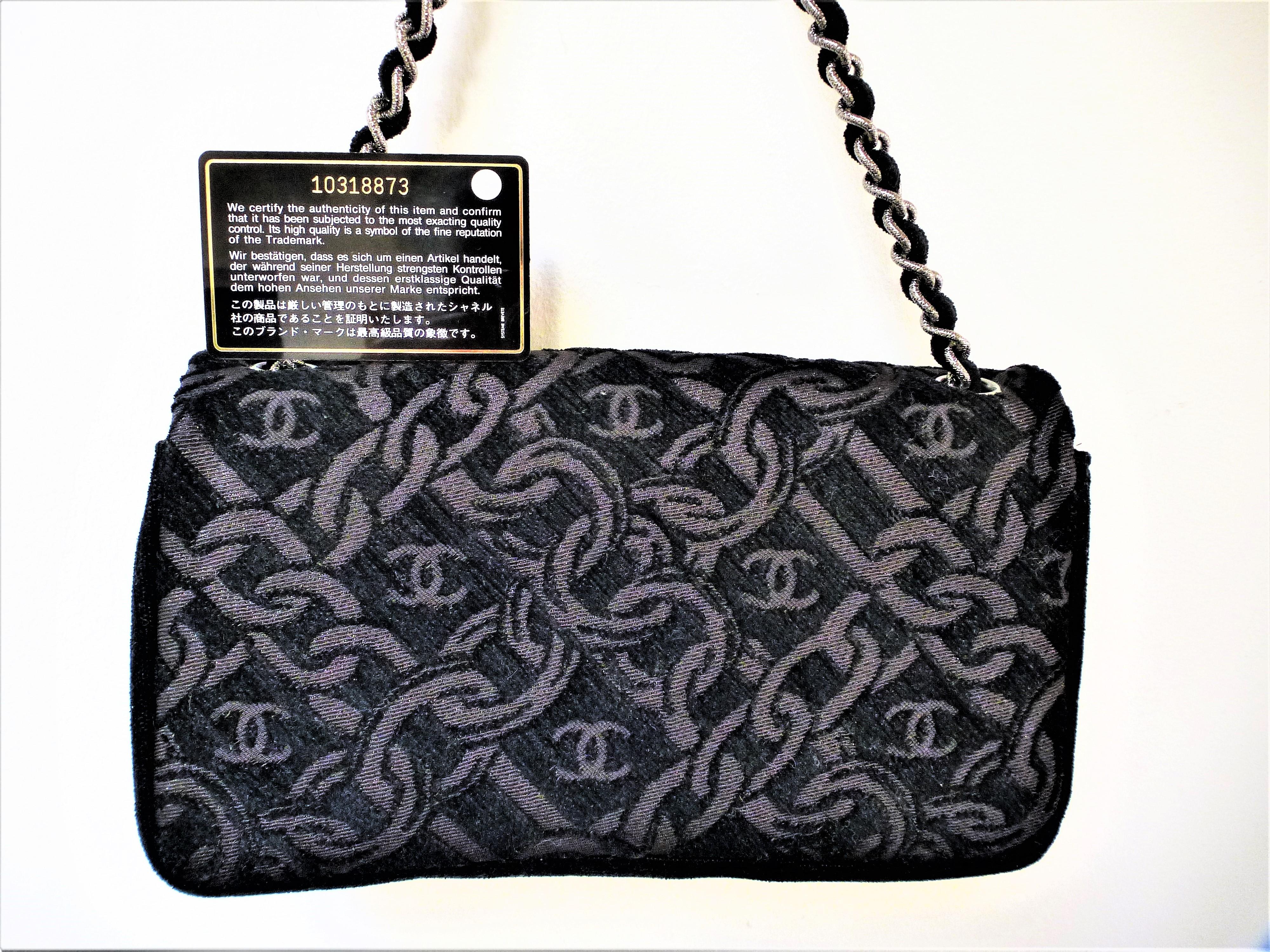 Chanel evening bag made of black jacquard fabric, woven Chanel chain and logo! For Sale 1