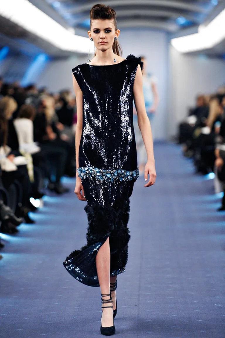 Chanel - Navy-blue silk gazar evening dress embroidered with blue sequins, pearls, rhinestones, and glass paste. No size indicated, it fits a 40FR. Piece with a Bolduc number. 2012 Spring-Summer Haute Couture Collection, under the direction of Karl