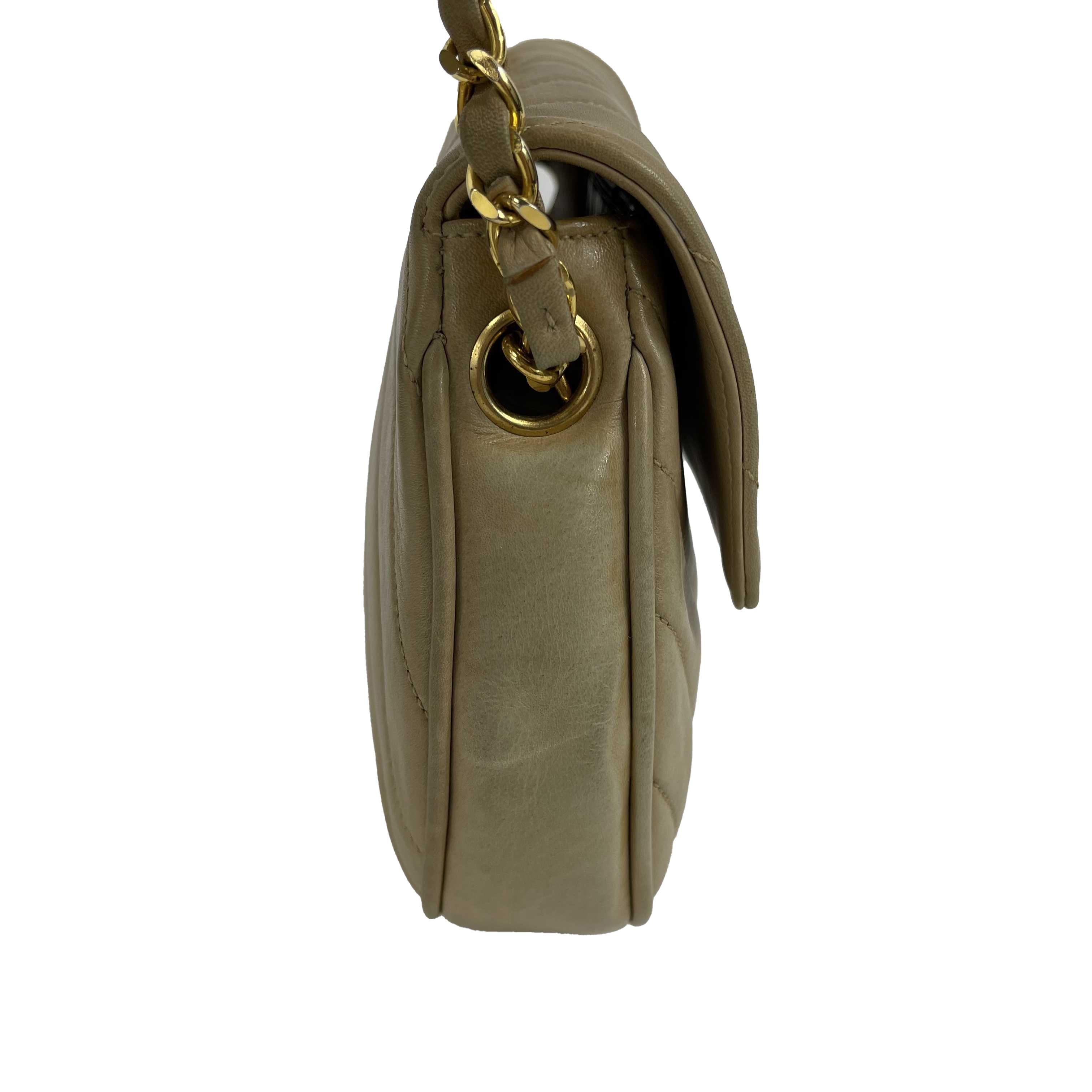 Chanel - Excellent - 90's Vintage Chevron Flap 24k - Beige, Gold - Handbag 4