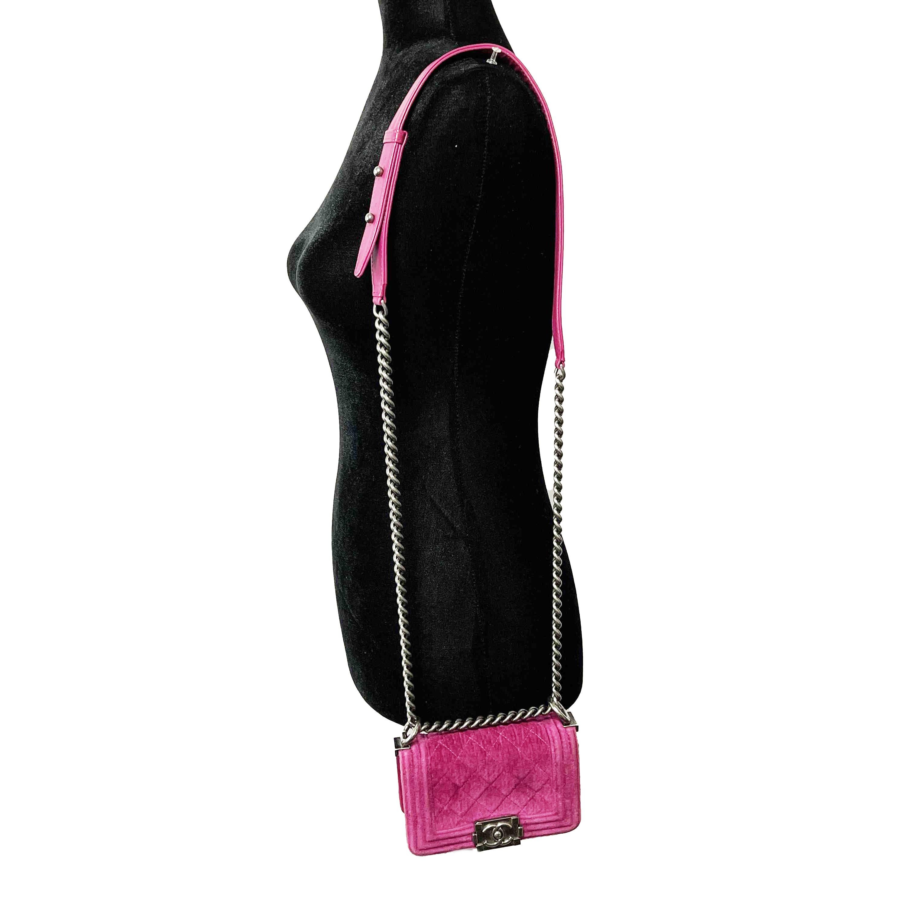 CHANEL - Excellent - Mini Boy Shoulder Crossbody Velvet Leather - Pink Fuchsia - 3