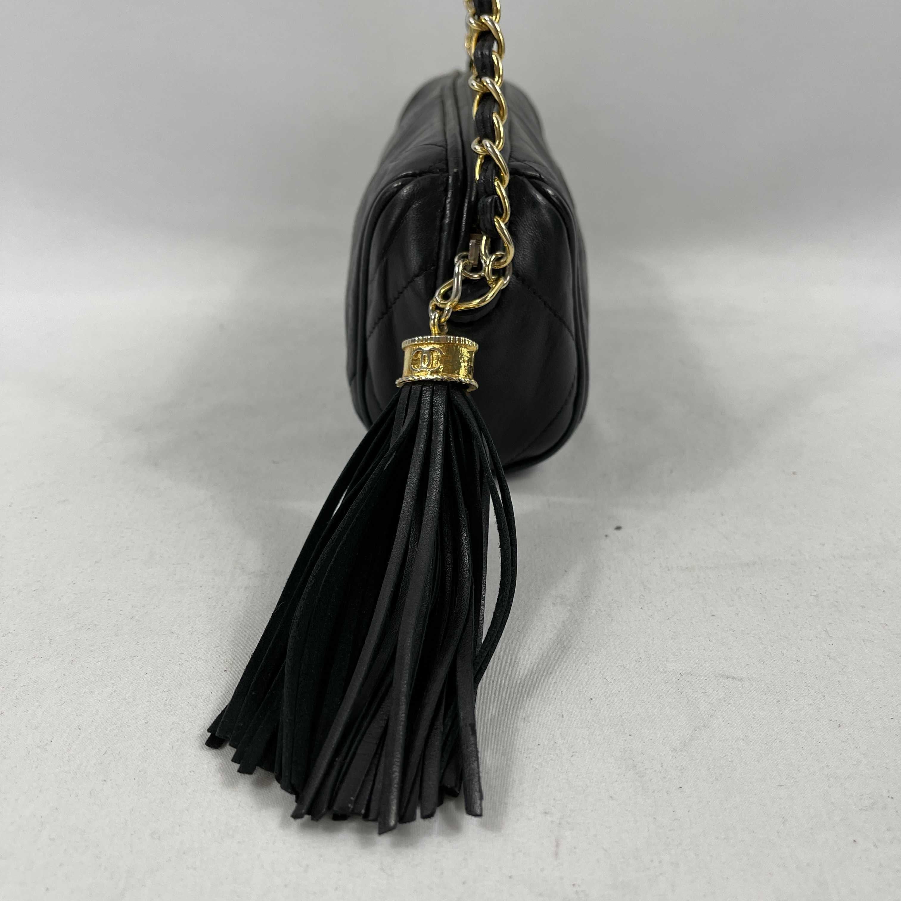 CHANEL Excellent Vintage 1980's Black Mini Quilted CC Tassel Barrel Crossbody 10