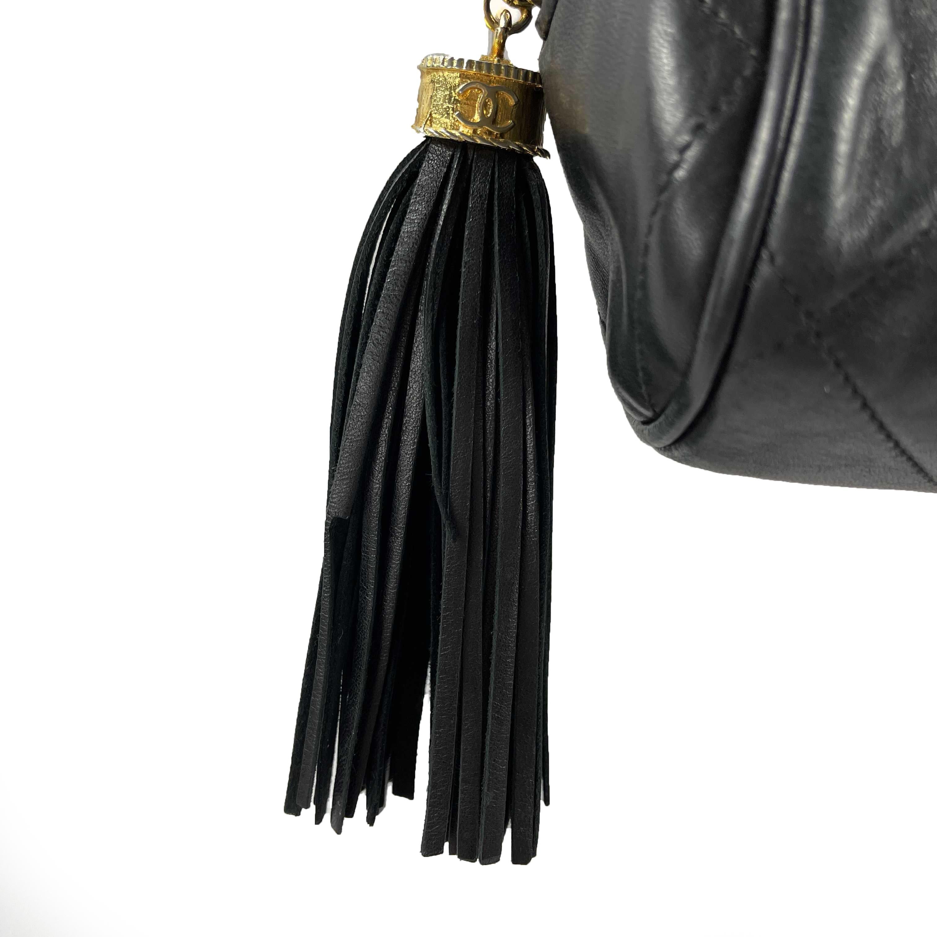CHANEL Excellent Vintage 1980's Black Mini Quilted CC Tassel Barrel Crossbody 11