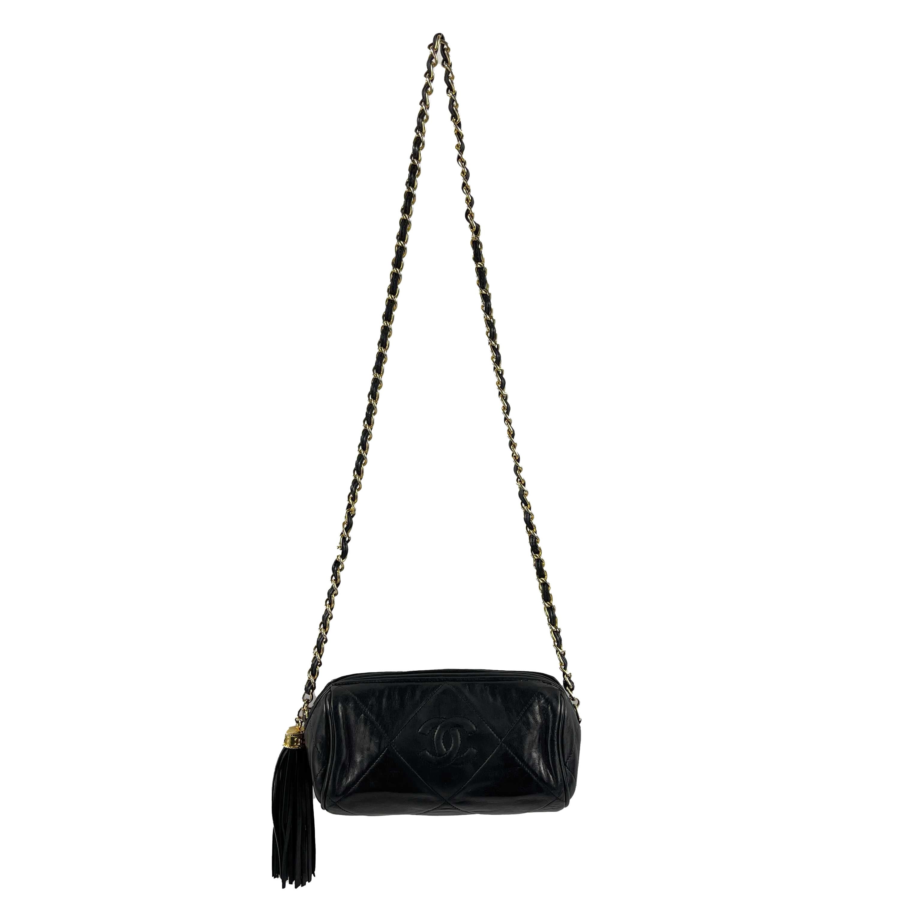 CHANEL Excellent Vintage 1980's Black Mini Quilted CC Tassel Barrel Crossbody 3
