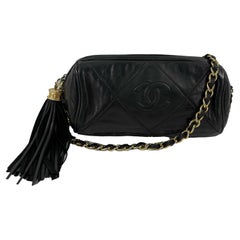 CHANEL Excellent Vintage 1980's Black Mini Quilted CC Tassel Barrel Crossbody