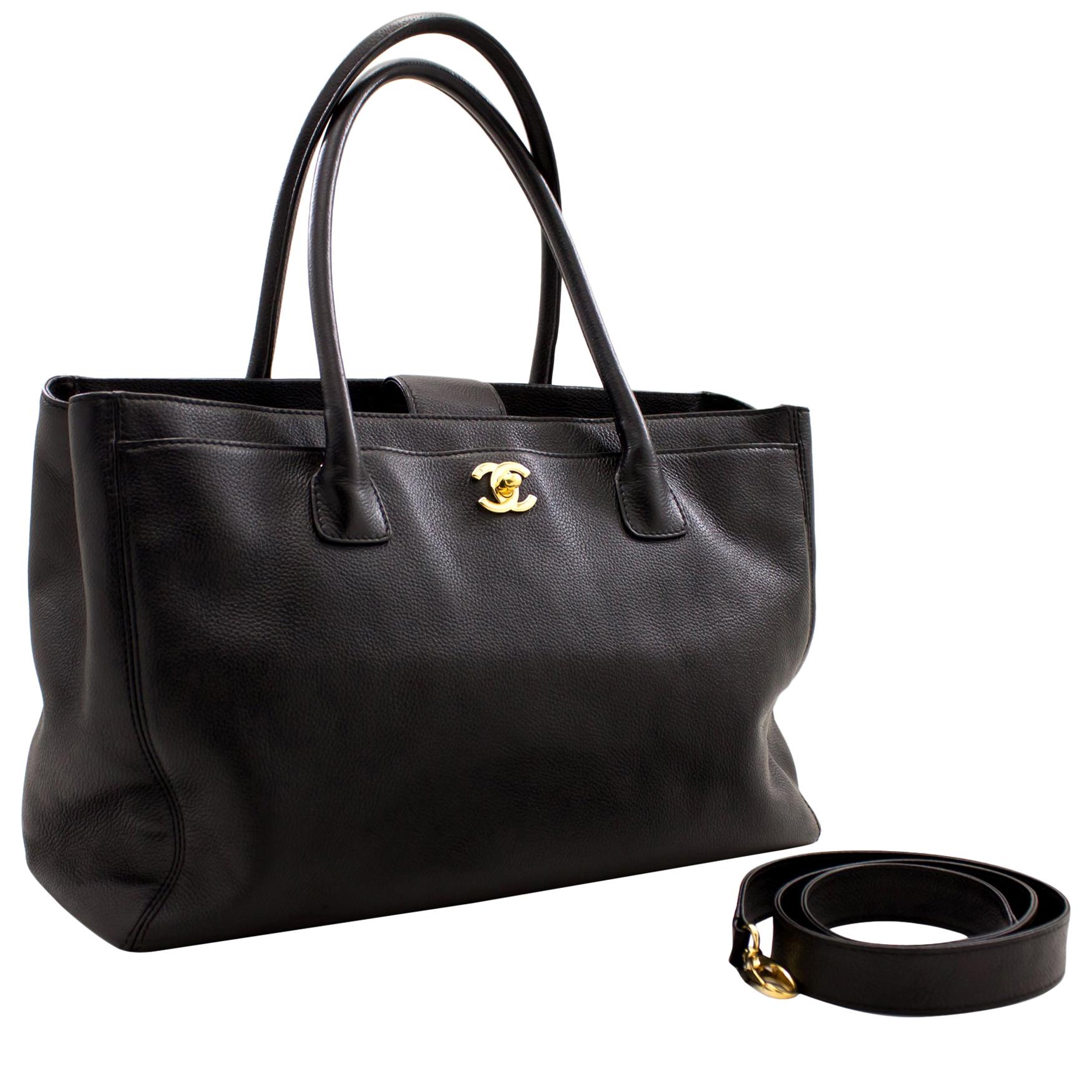 CHANEL Executive Tote Caviar Shoulder Bag Handbag Black Gold Strap
