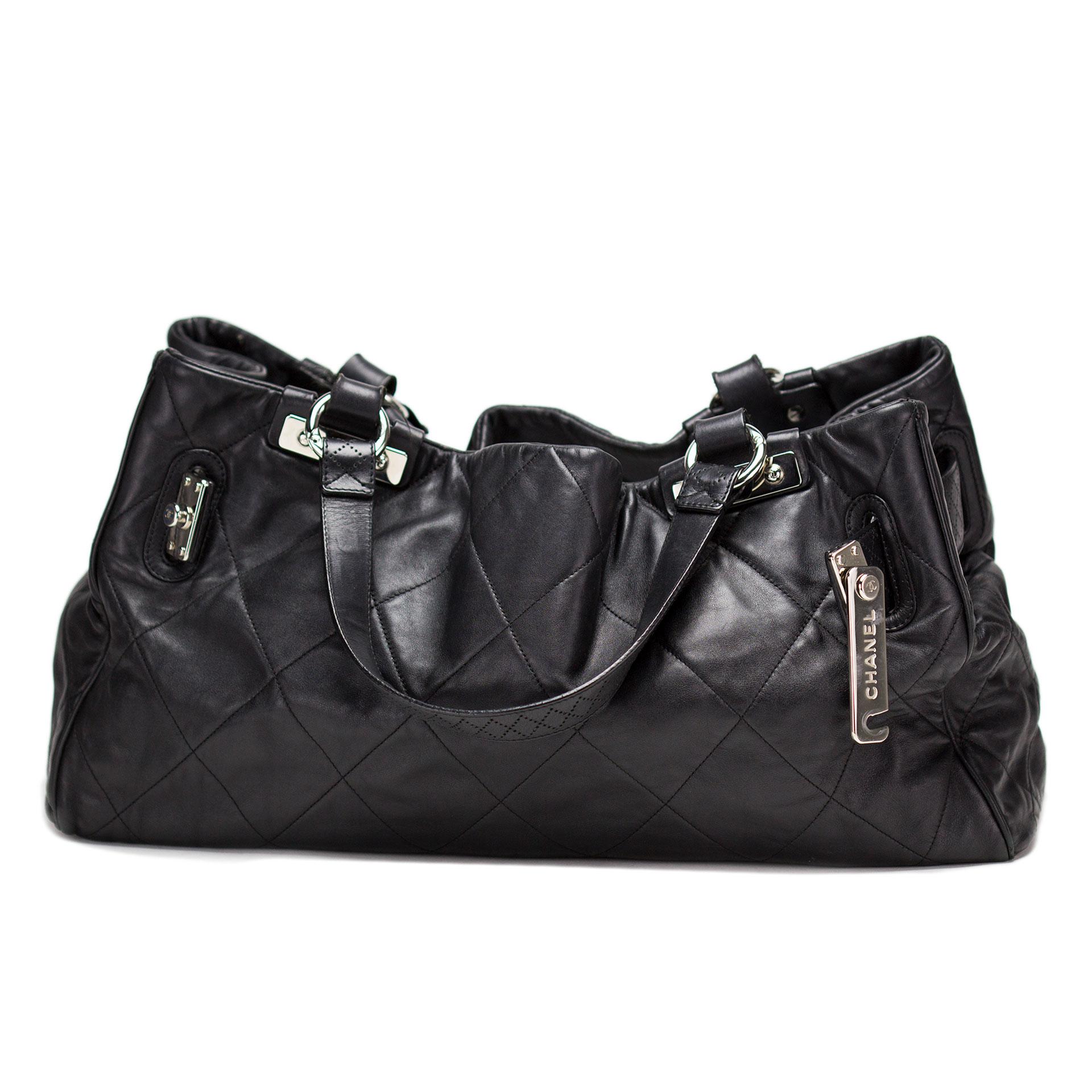 Chanel 2008 East West Expandable Strap Shopping Satchel Black Calfskin Tote For Sale 1