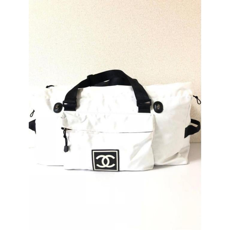 Chanel Extra Large Cc Sports Logo Boston Duffle 232511 White Nylon Travel Bag 5