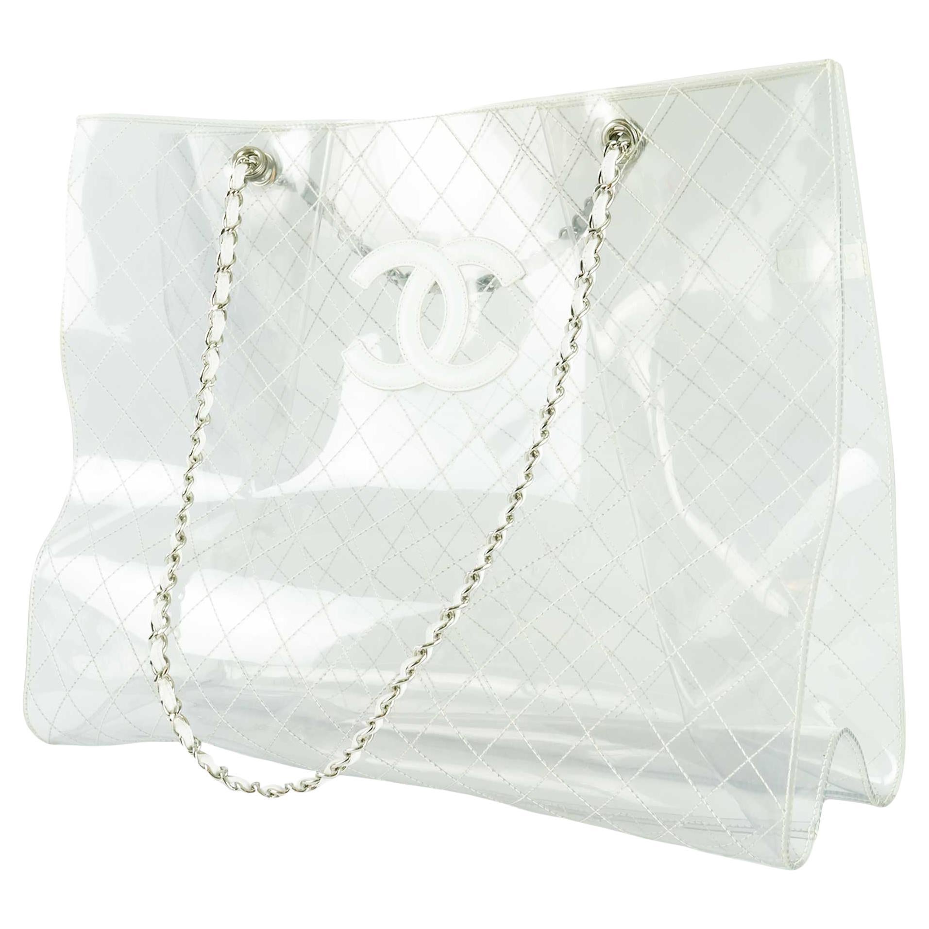 Chanel Extra Large Clear Transparent Lambskin White Naked Tote