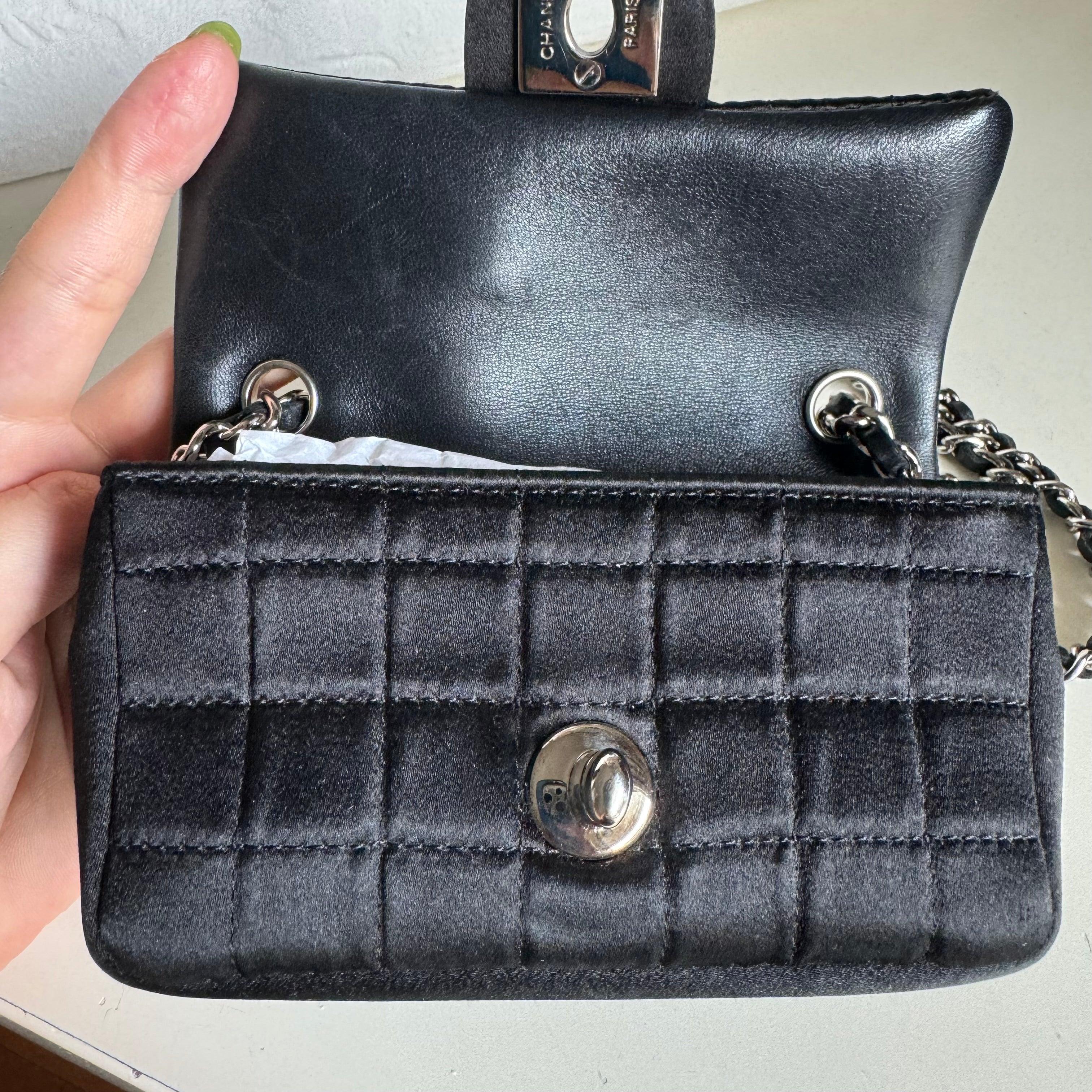 Chanel Extra Mini Flap Bag Black Satin Choco Bar Lipstick Mirror Crossbody, 2005 9